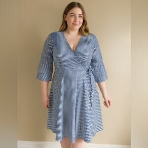 Calvin Klein Gingham Cotton Wrap Dress Navy and White Women’s size 12